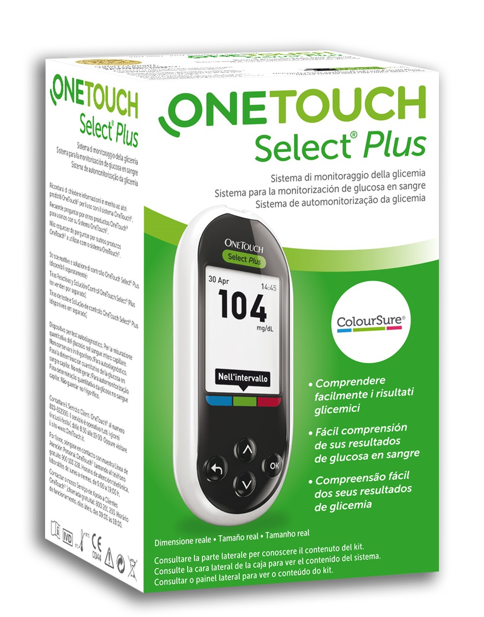 Medidor de Glicose no Sangue OneTouch Select Plus® a apresentar os valores de glicemia no intervalo de referência